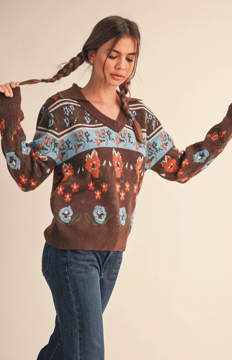 Fuzzy Floral Collared Sweater - Flea Boutiques