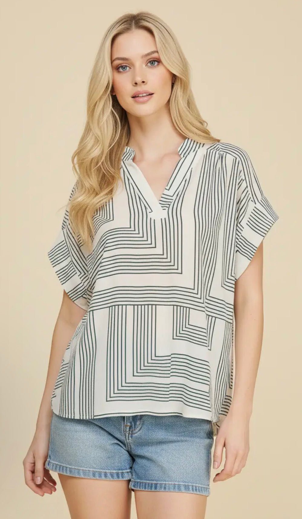 Geometric V - Neck Blouse - Flea Boutiques