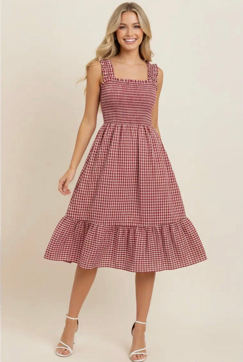 Gingham Tiered Midi Dress - Flea Boutiques