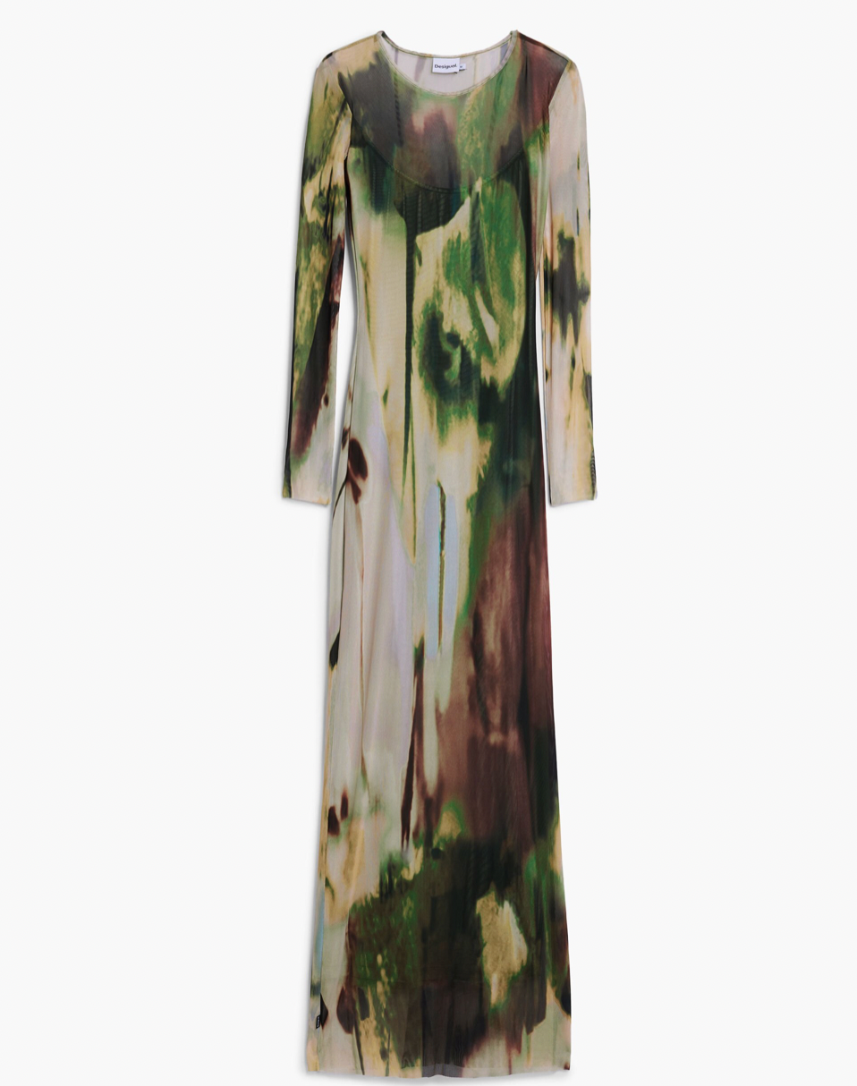 Long-sleeve dress with a multicolored abstract pattern on a white background