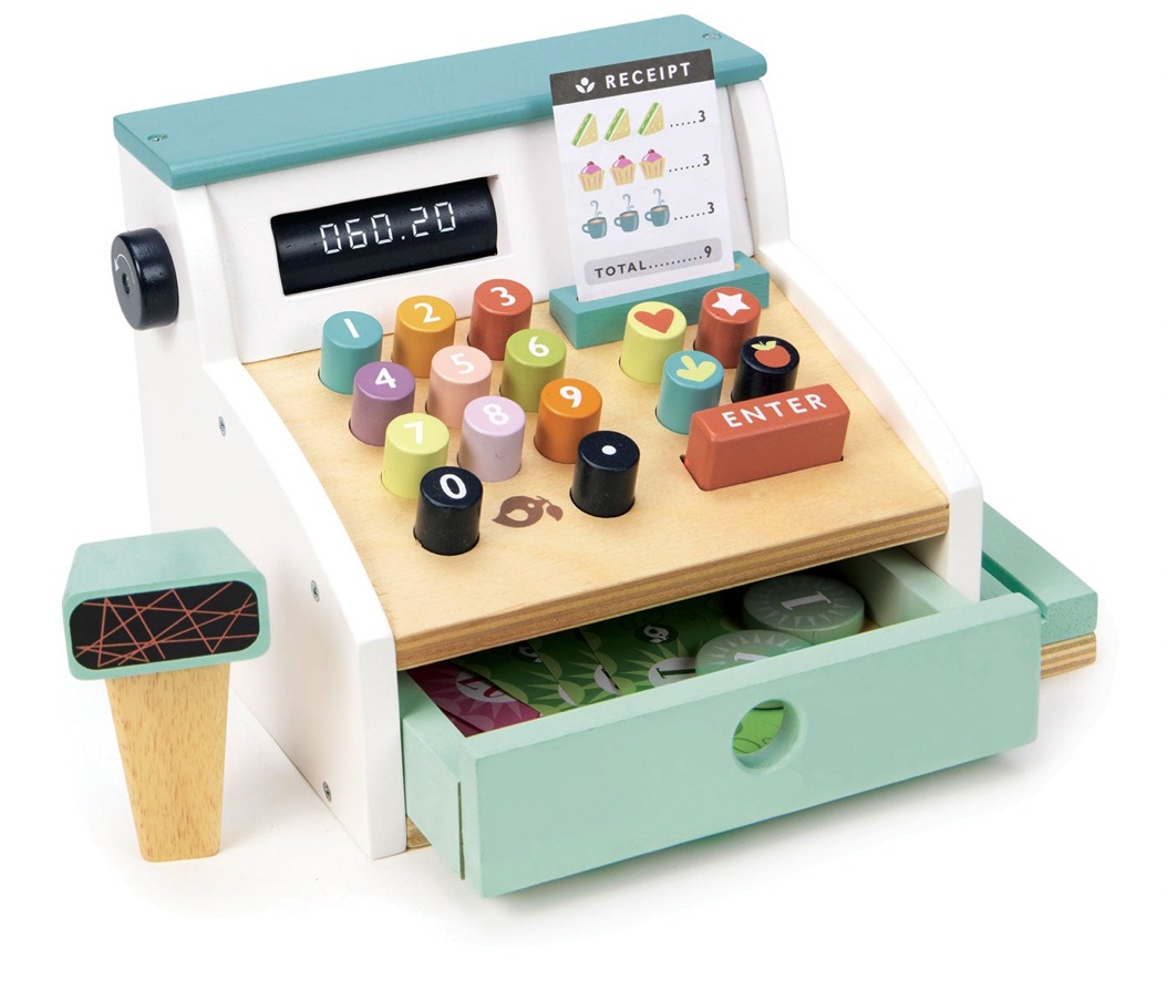 Toy cash register with various buttons and a drawer on a white background
