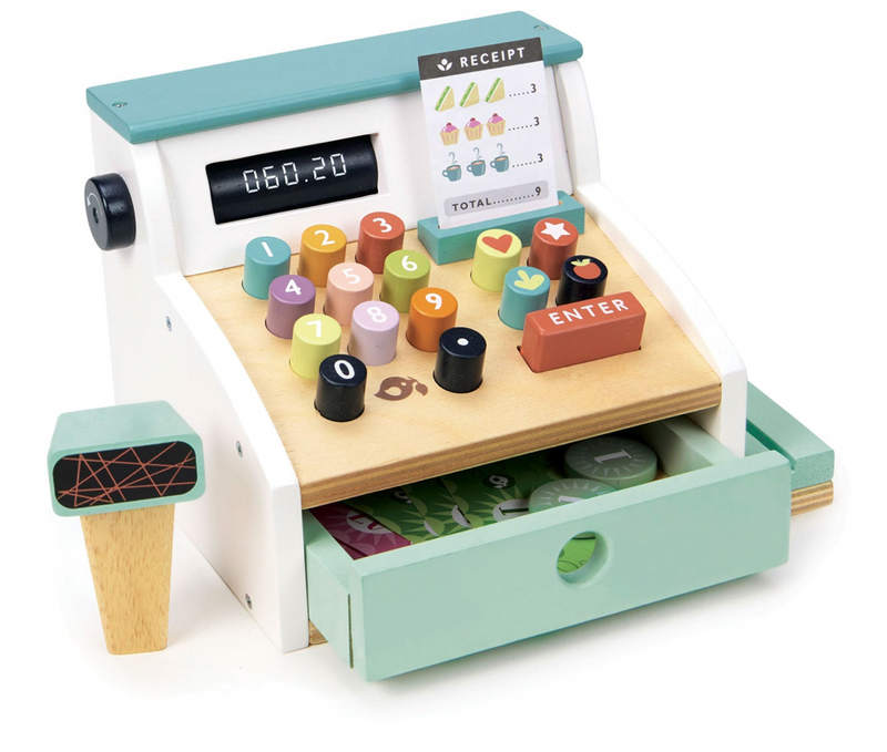 Toy cash register with various buttons and a drawer on a white background
