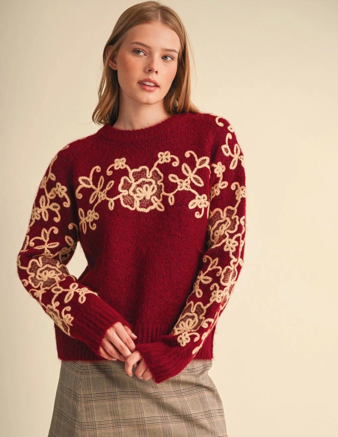 Knit Floral Embroidered Sweater - Flea Boutiques