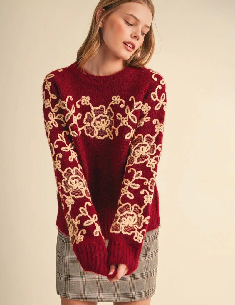 Knit Floral Embroidered Sweater - Flea Boutiques