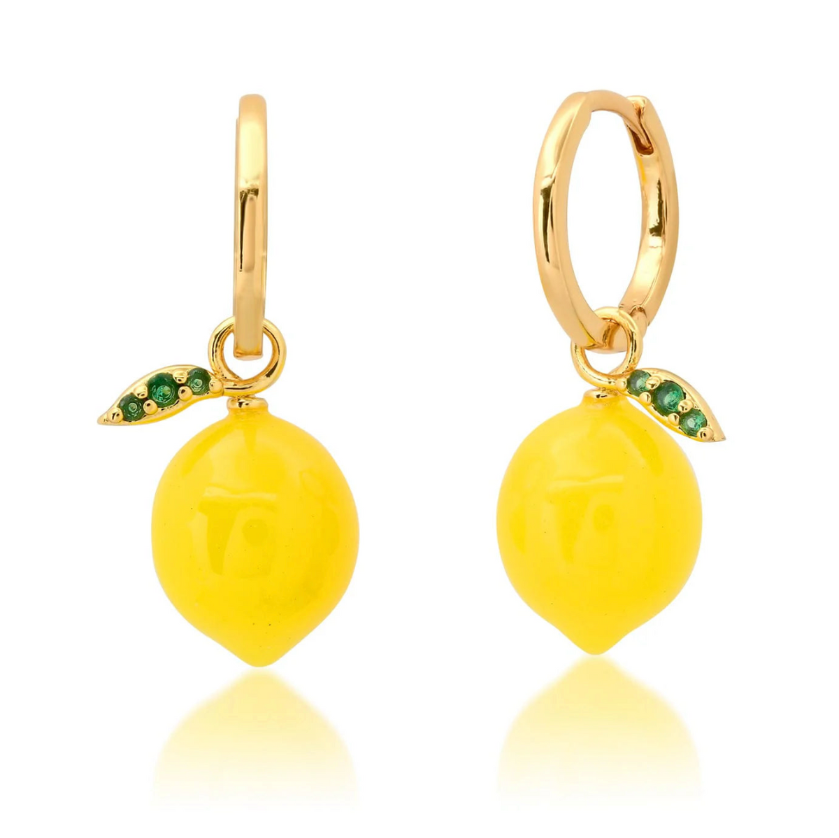 Gold hoop earrings with yellow lemon-shaped charms and green gemstones on a white background