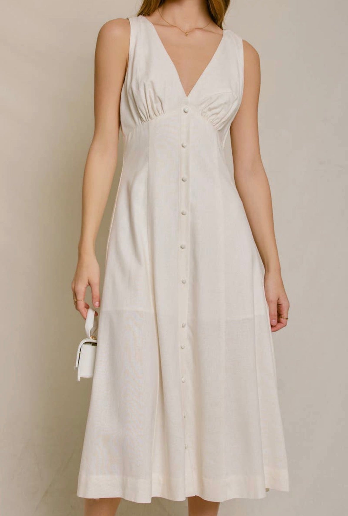 Linen V Neck Button Down Dress - Flea Boutiques