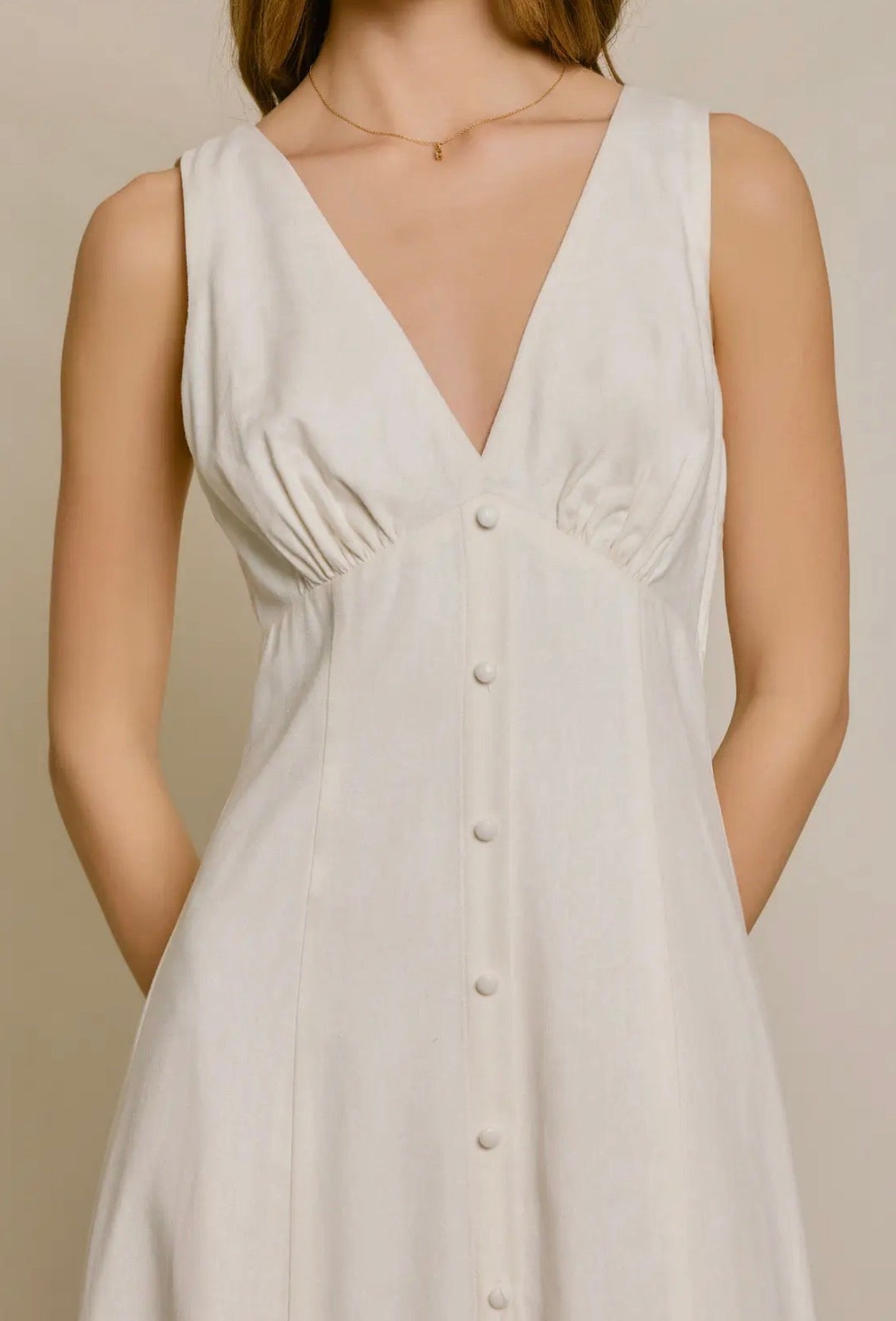 Linen V Neck Button Down Dress - Flea Boutiques