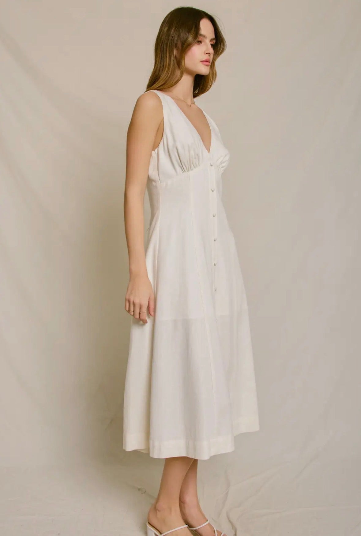 Linen V Neck Button Down Dress - Flea Boutiques