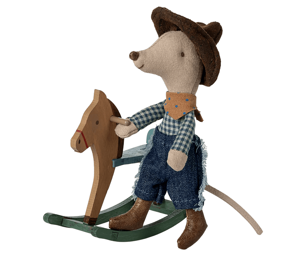 Maileg Little Brother Cowboy Mouse On Rocking Horse