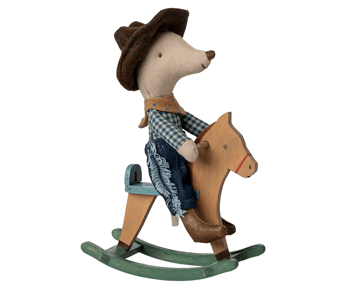 Maileg Little Brother Cowboy Mouse On Rocking Horse - Flea Boutiques