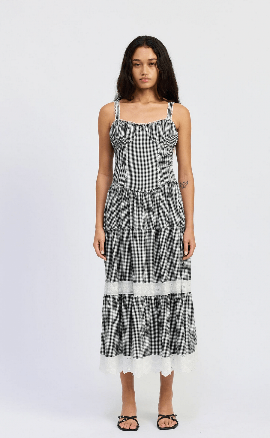 gingham tiered maxi dress Black/White / SM Color:DARK-MAUVE easy baby lock serger projects Women's Long-Sleeve Denim Shirt perfect in a flash