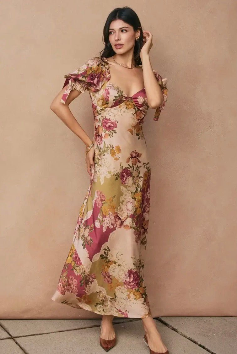 meadow maxi dress Puff Sleeve Color:Petrol Black Long Sleeve Leather The sophisticated floral pattern summer-shimmer
