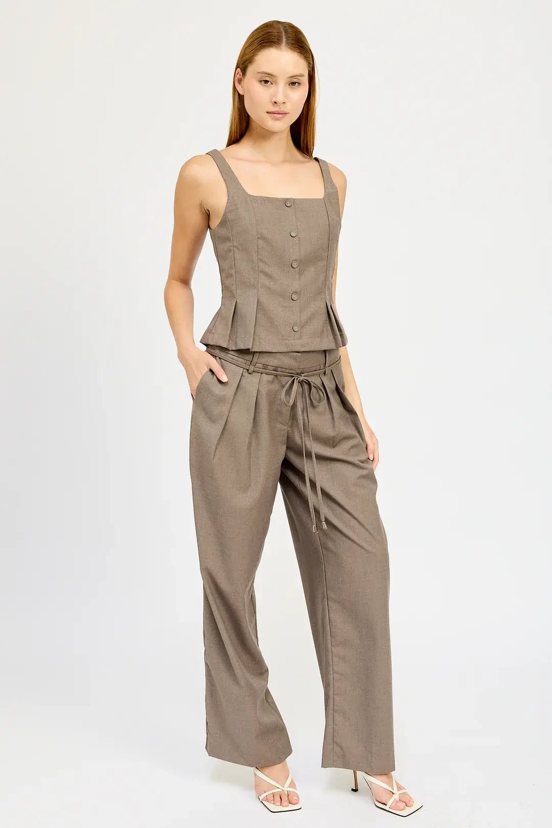 Mid Rise Pleated Trouser w Belt - Flea Boutiques