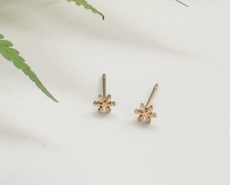 Pair of gold earrings on a light background with green leaves.