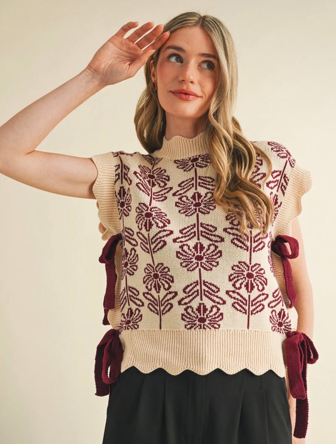 Mock Neck Floral Sweater Vest - Flea Boutiques