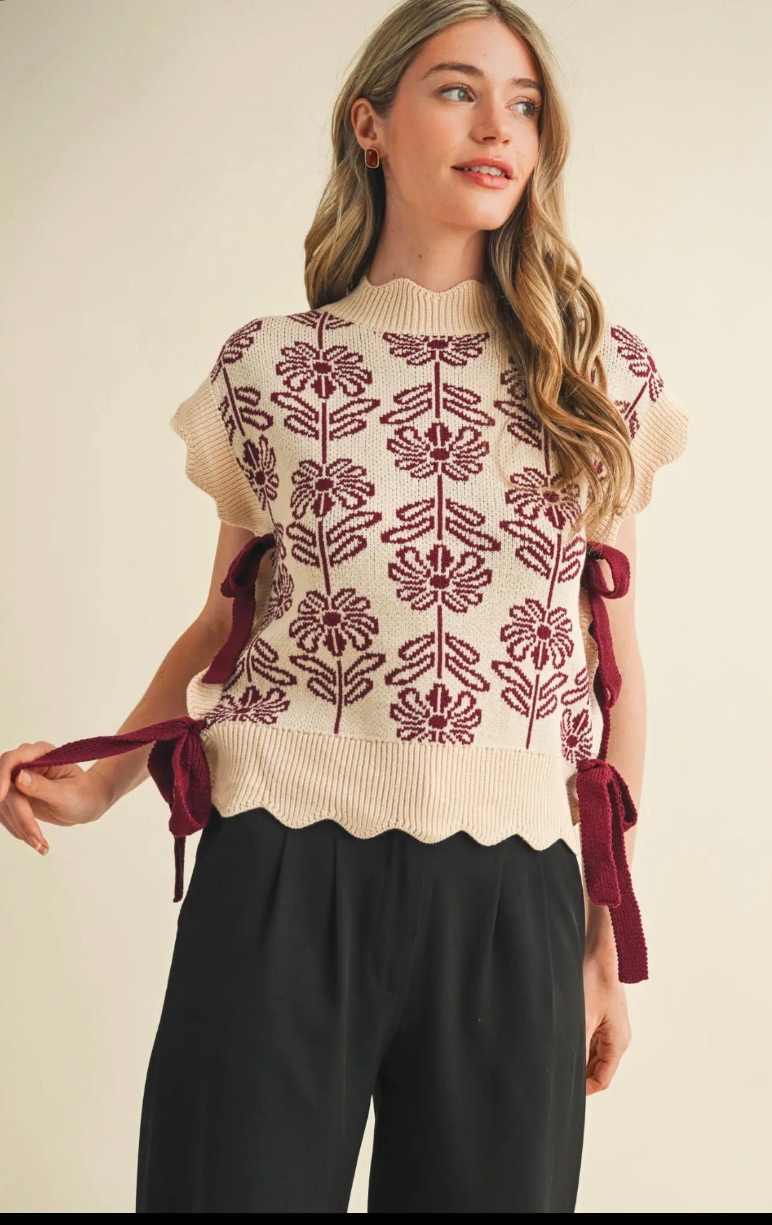 Mock Neck Floral Sweater Vest - Flea Boutiques