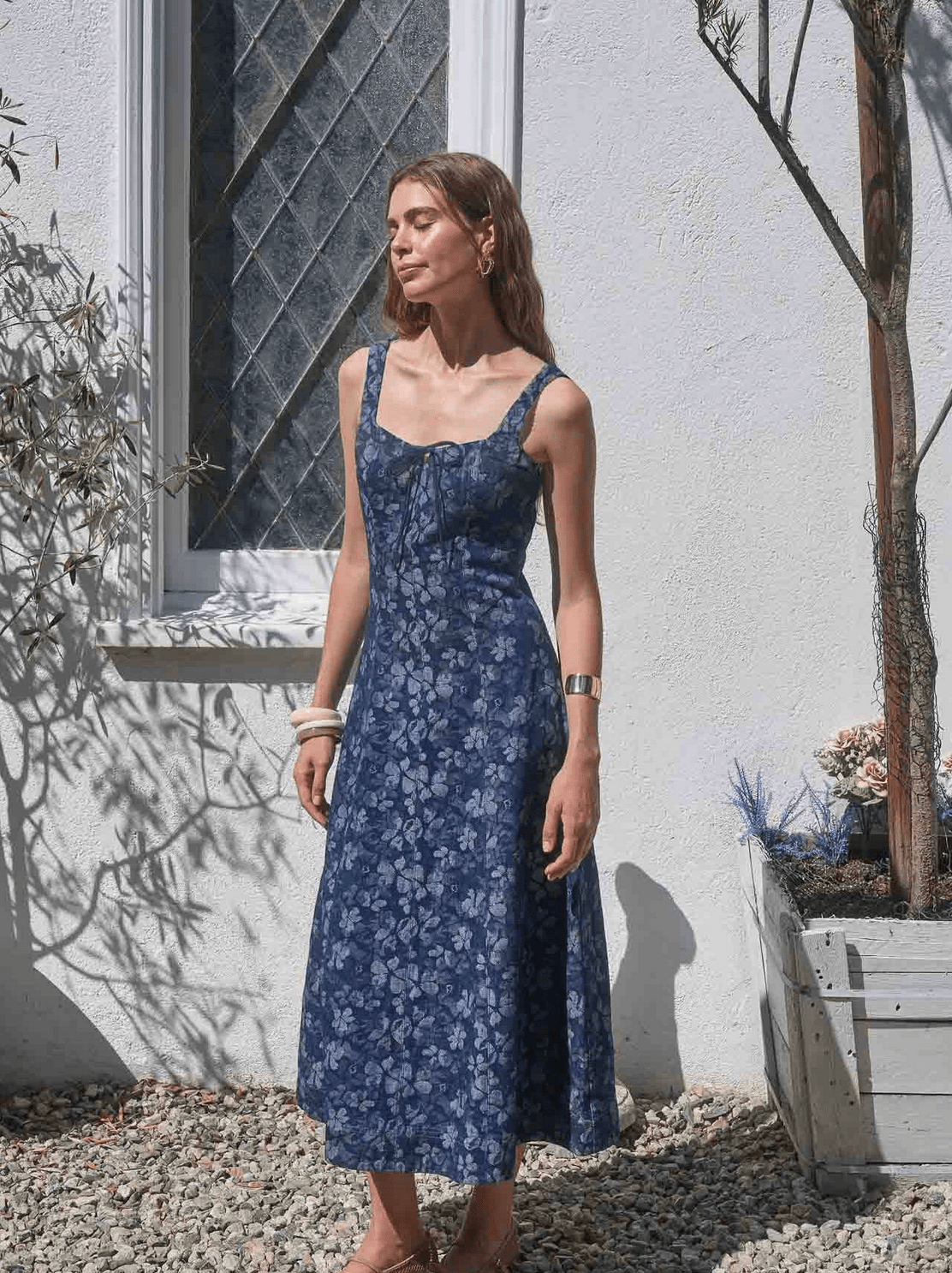 Moon River Denim Jacquard Floral Midi - Flea Boutiques