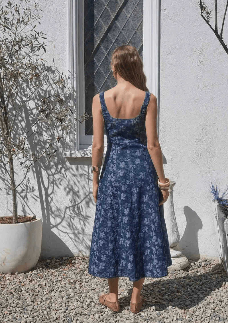 Moon River Denim Jacquard Floral Midi - Flea Boutiques