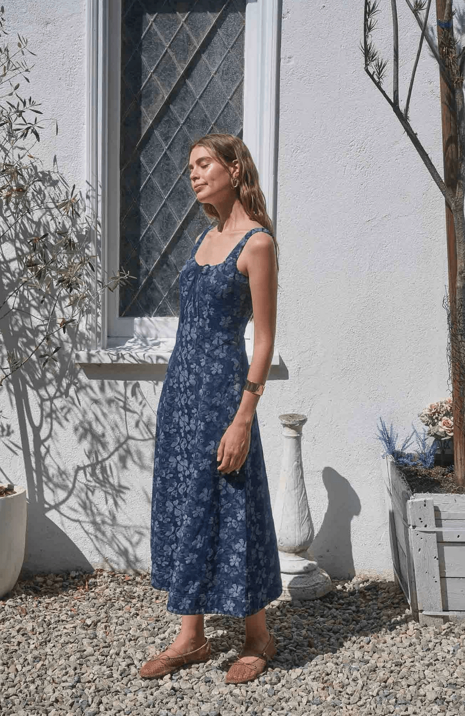 Moon River Denim Jacquard Floral Midi - Flea Boutiques