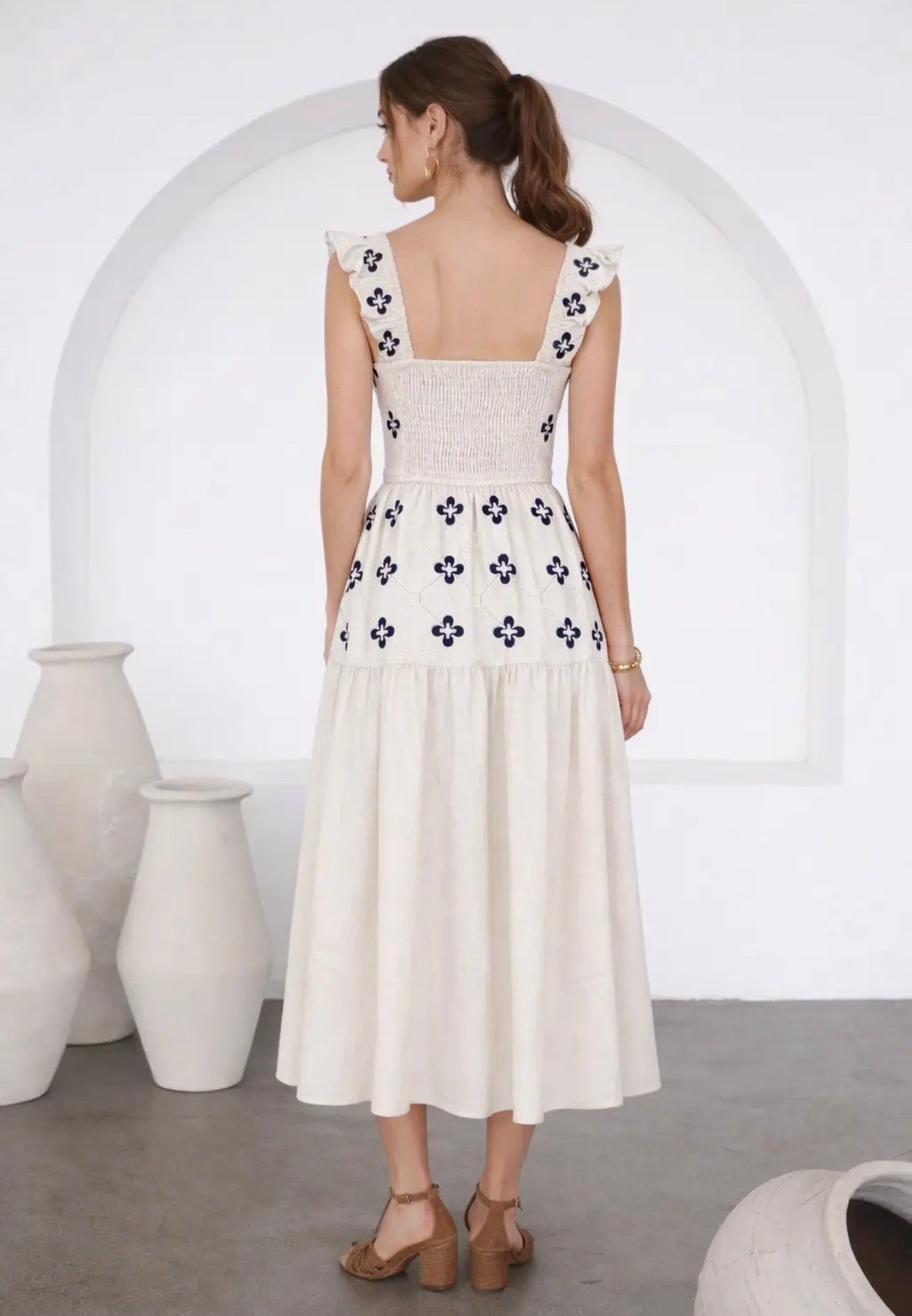 Moon River Flora Tile Strap Ruffle Sleeve Midi Dress - Flea Boutiques