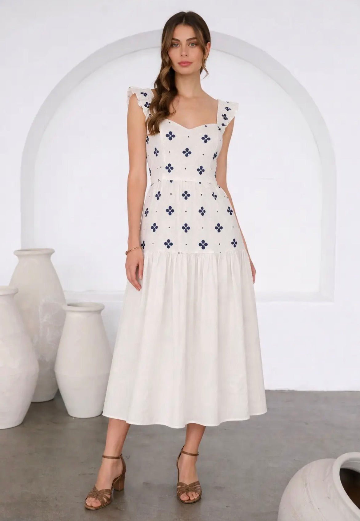 Moon River Flora Tile Strap Ruffle Sleeve Midi Dress - Flea Boutiques