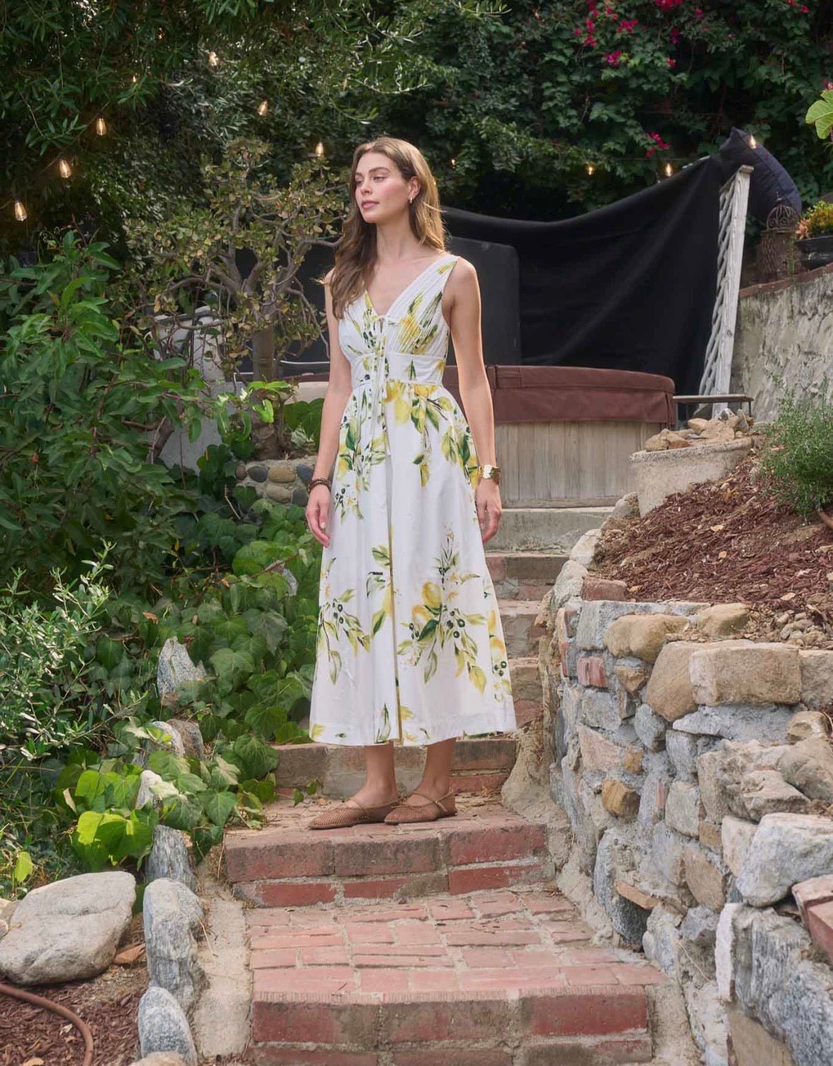 Moon River Floral V Neck Pleated Tie Midi Dress - Flea Boutiques