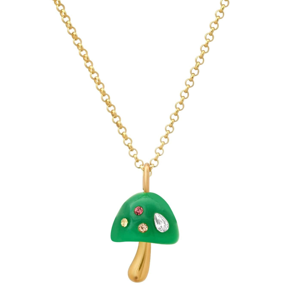 Gold necklace with a green mushroom pendant featuring gemstones on a white background