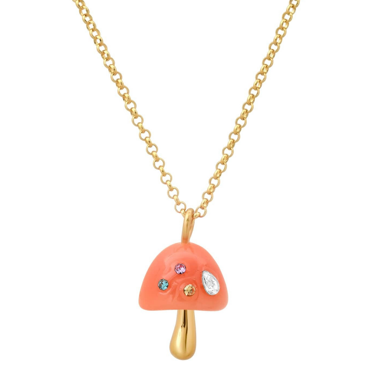 Mushroom-shaped pendant necklace with gold chain on a white background