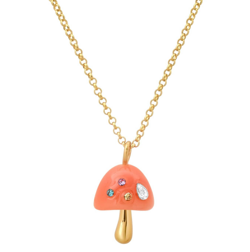 Mushroom-shaped pendant necklace with gold chain on a white background