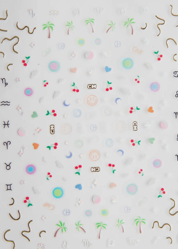 Patterned fabric with various symbols and shapes on a white background