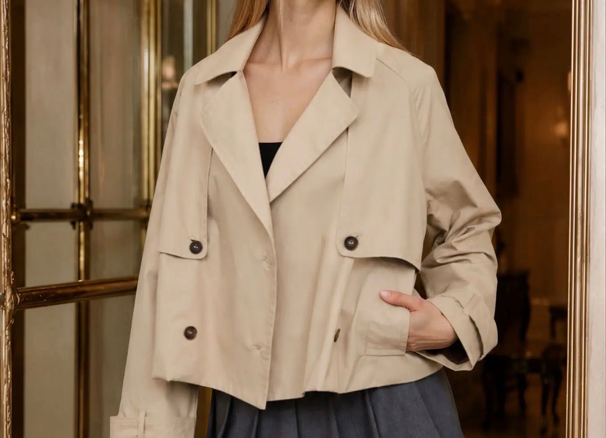 Notch Collar Cropped Trench Coat - Flea Boutiques