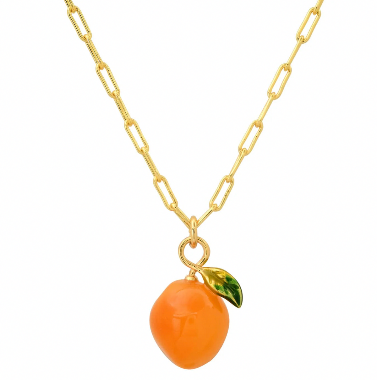 Gold necklace with an orange fruit pendant on a white background