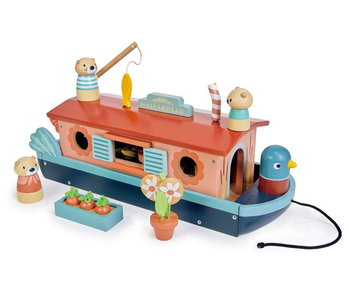 Toy boat with teddy bear characters on a white background