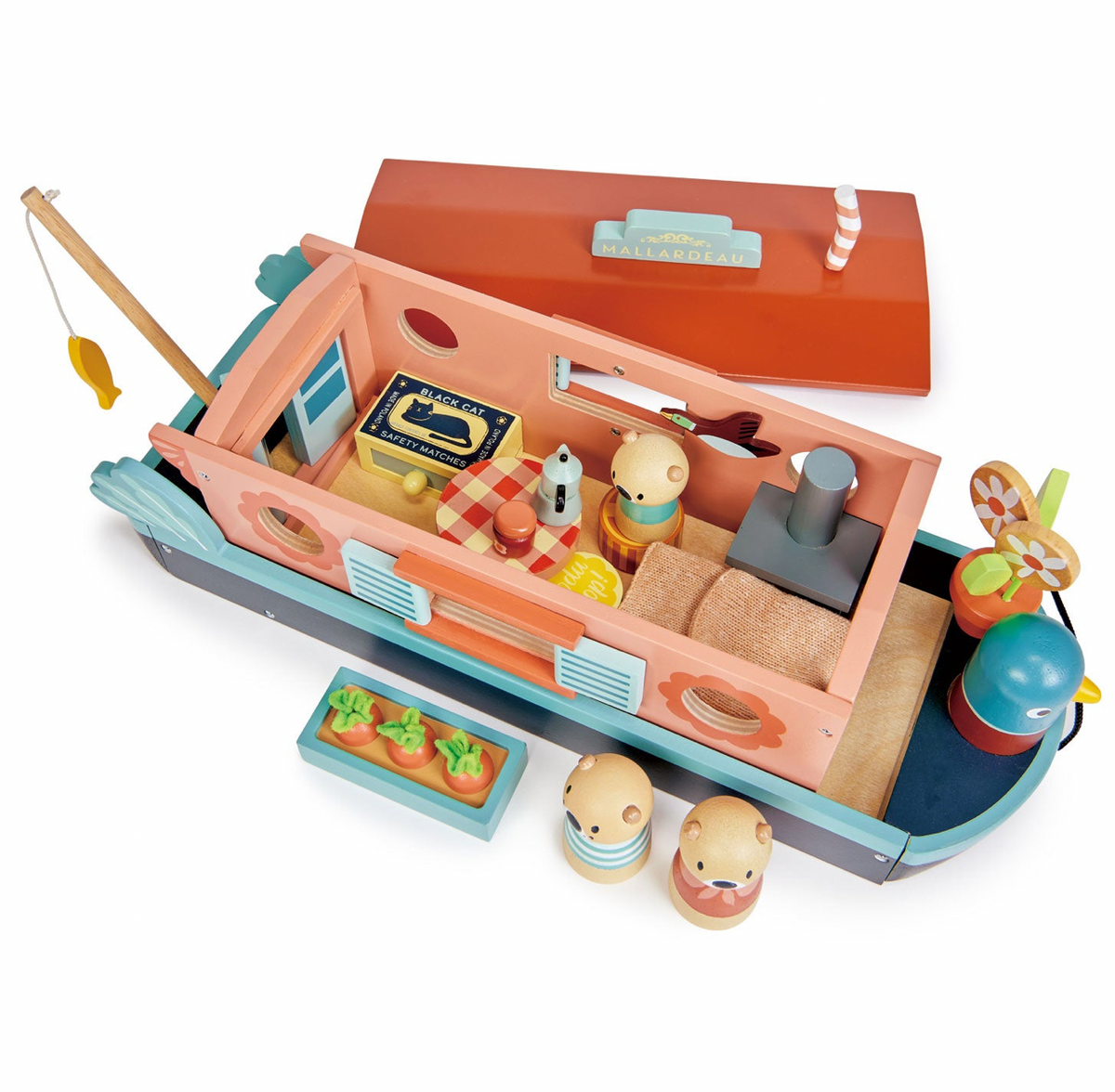 Wooden toy boat with various accessories on a white background