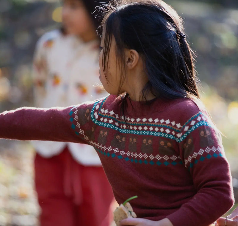 Child wearing a patterned sweater with another child in the background