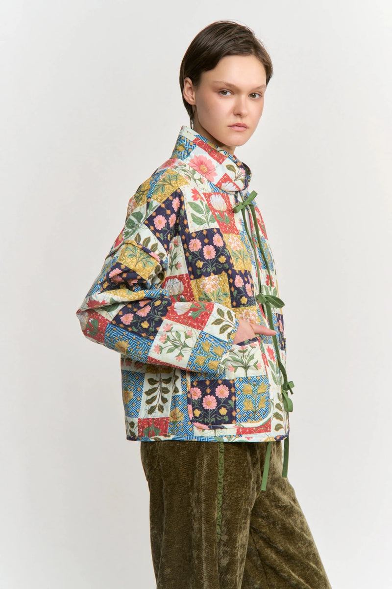 Patchwork Print Quiled Bow Tie Jacket - Flea Boutiques