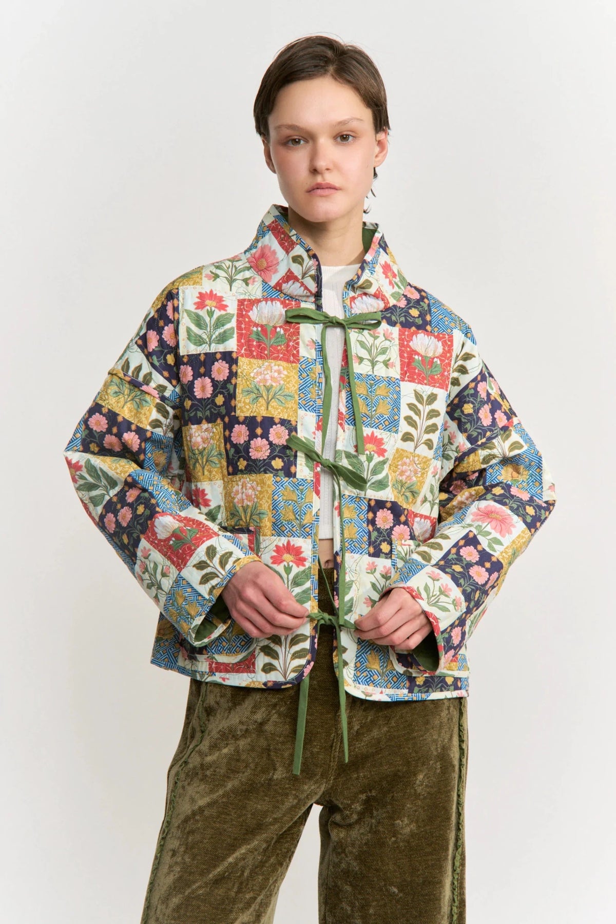 Patchwork Print Quiled Bow Tie Jacket - Flea Boutiques