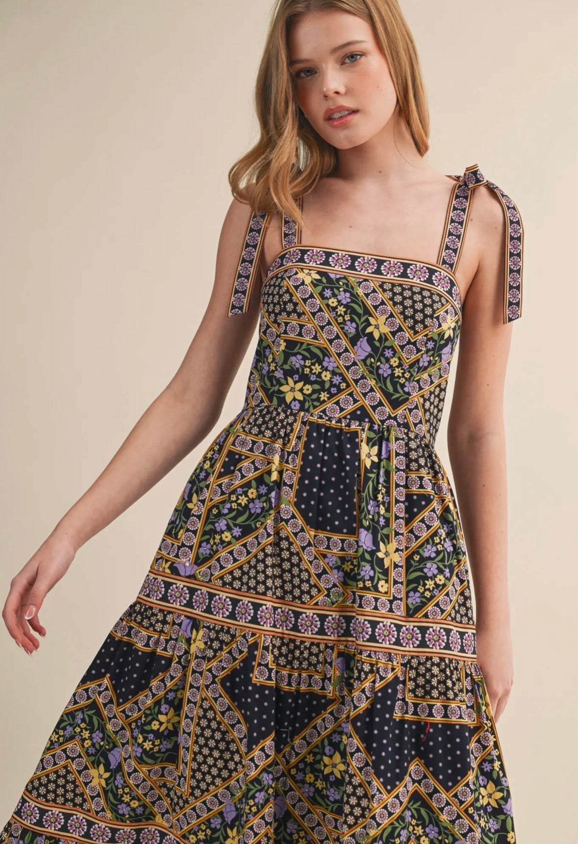 Patchwork Tie Strap Midi dress - Flea Boutiques