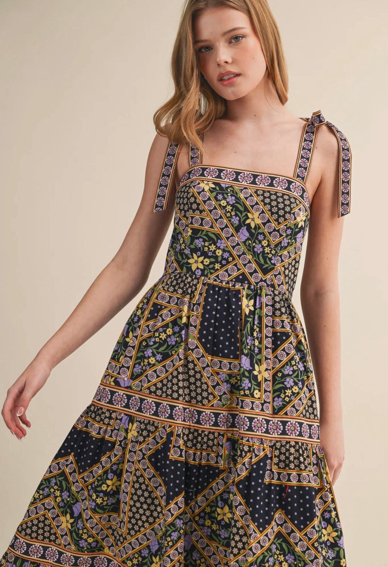 Patchwork Tie Strap Midi dress - Flea Boutiques