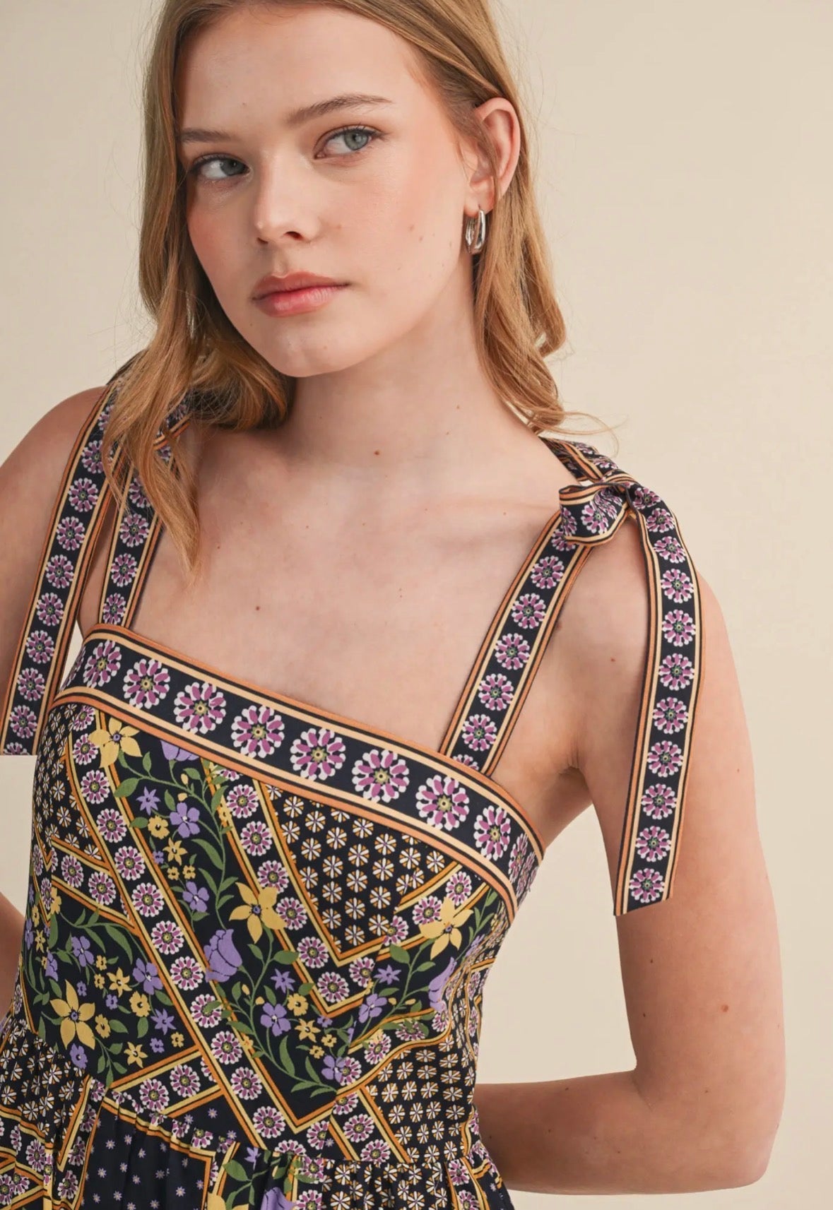Patchwork Tie Strap Midi dress - Flea Boutiques