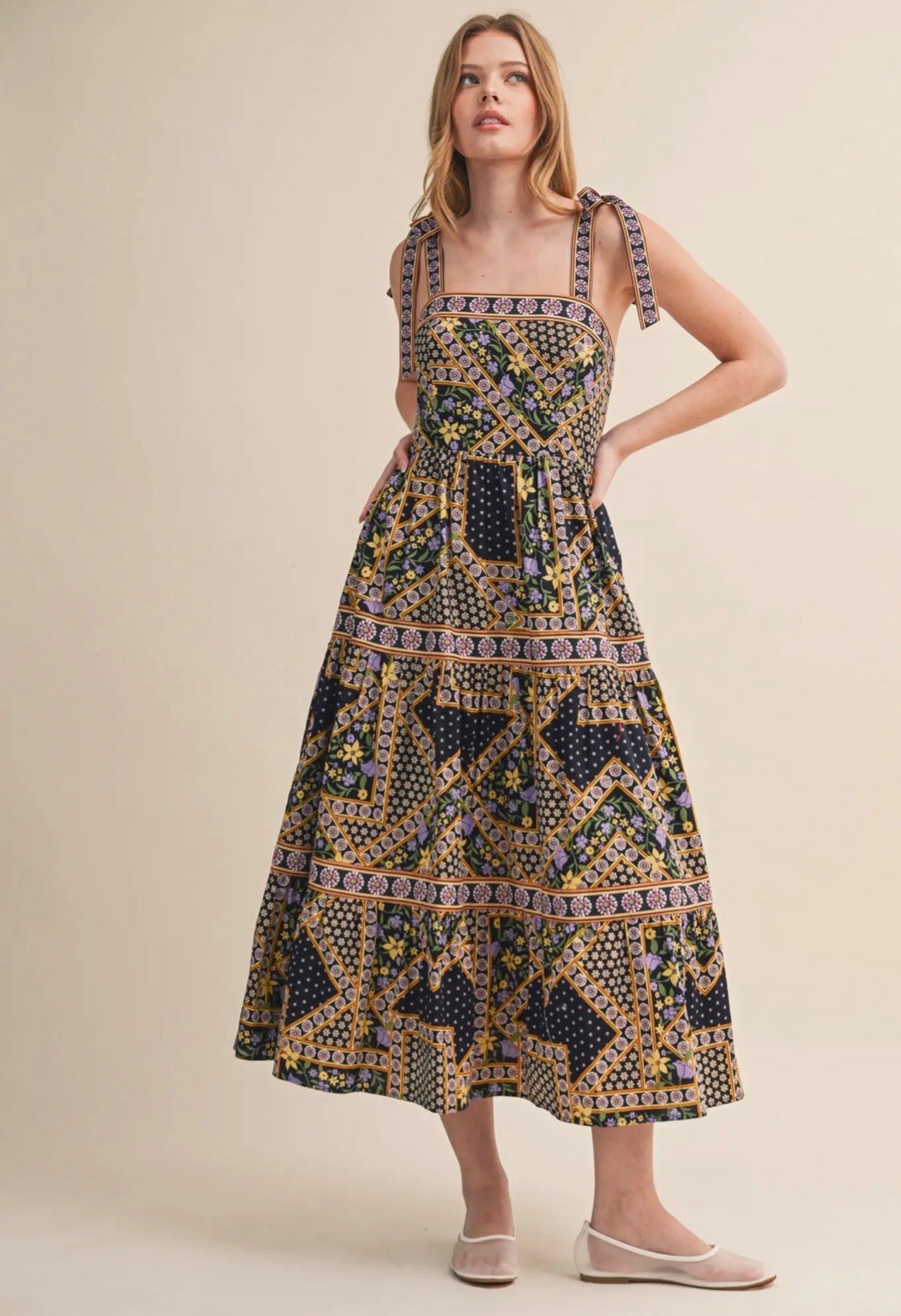 Patchwork Tie Strap Midi dress - Flea Boutiques