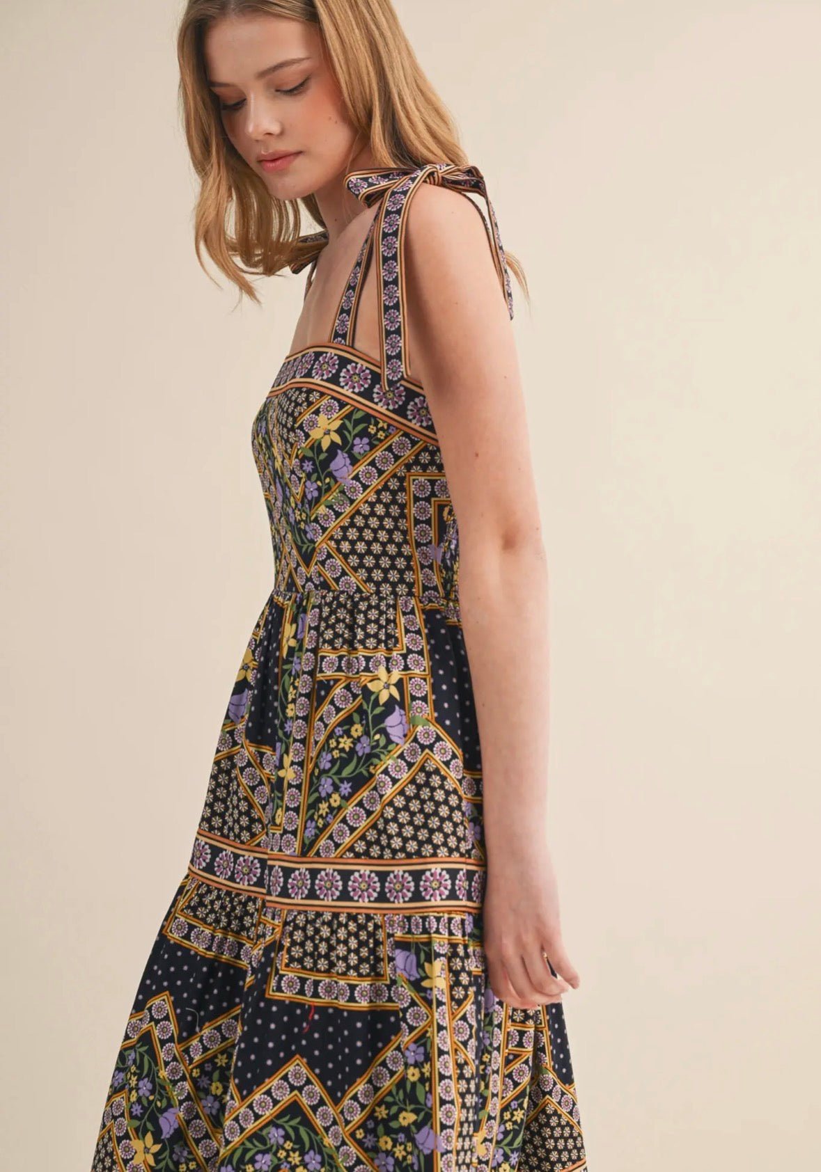 Patchwork Tie Strap Midi dress - Flea Boutiques