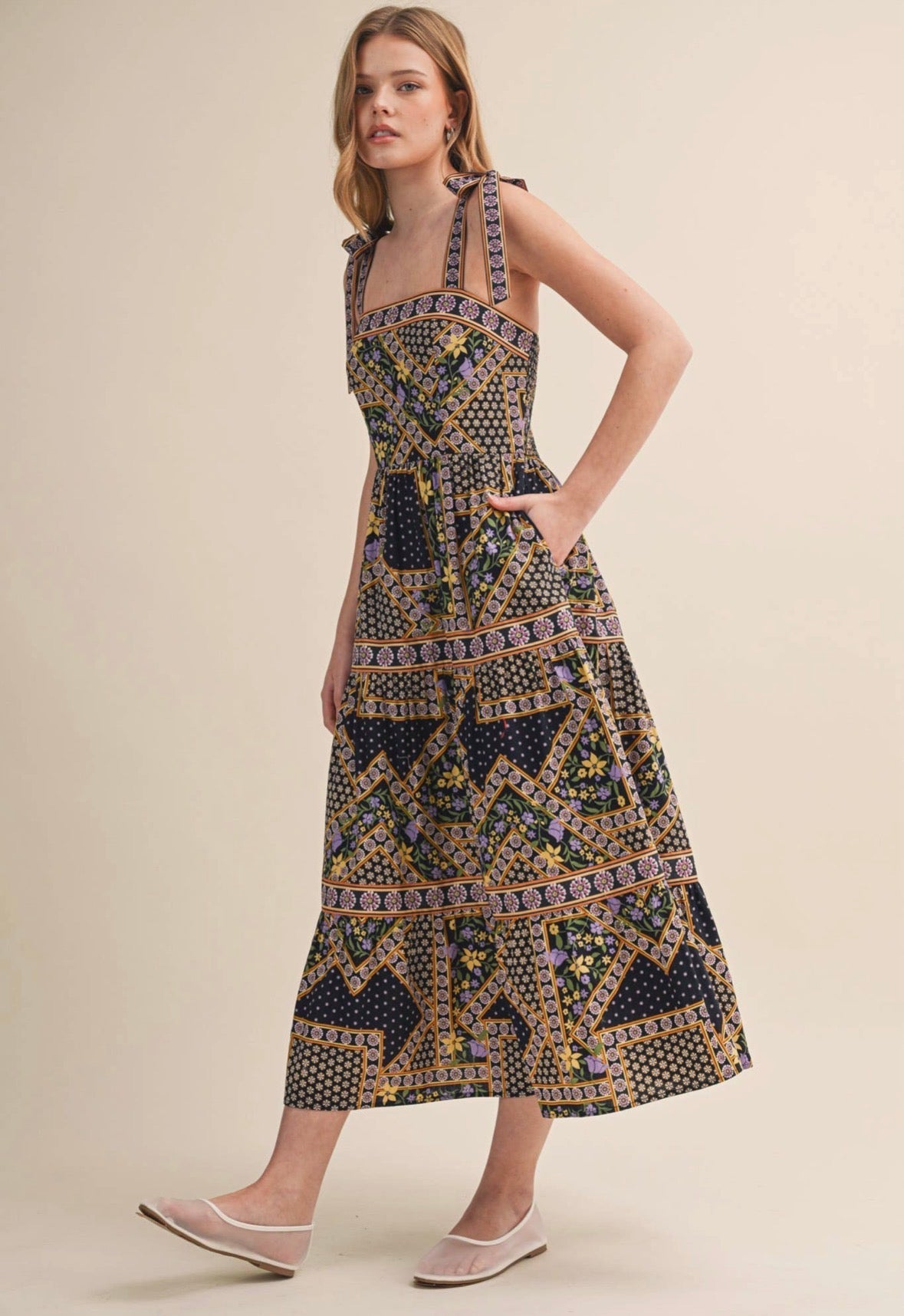 Patchwork Tie Strap Midi dress - Flea Boutiques