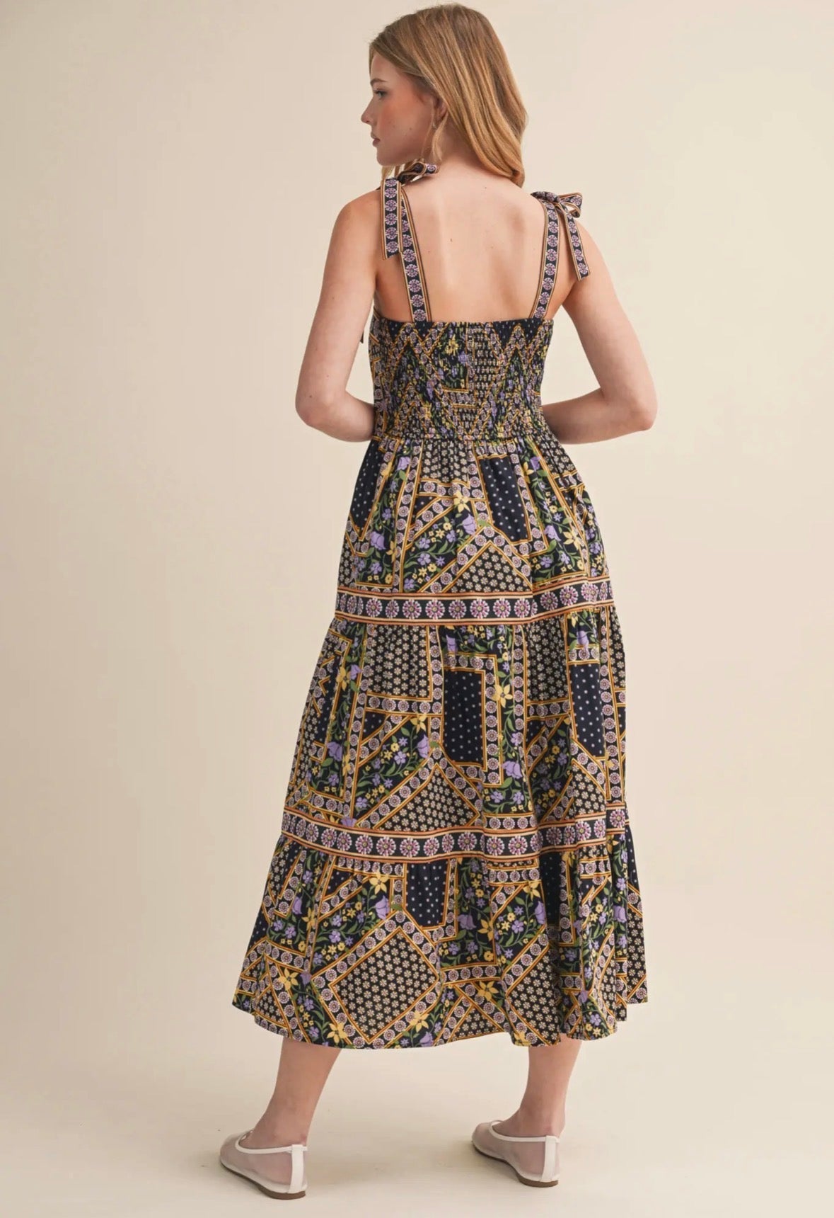 Patchwork Tie Strap Midi dress - Flea Boutiques
