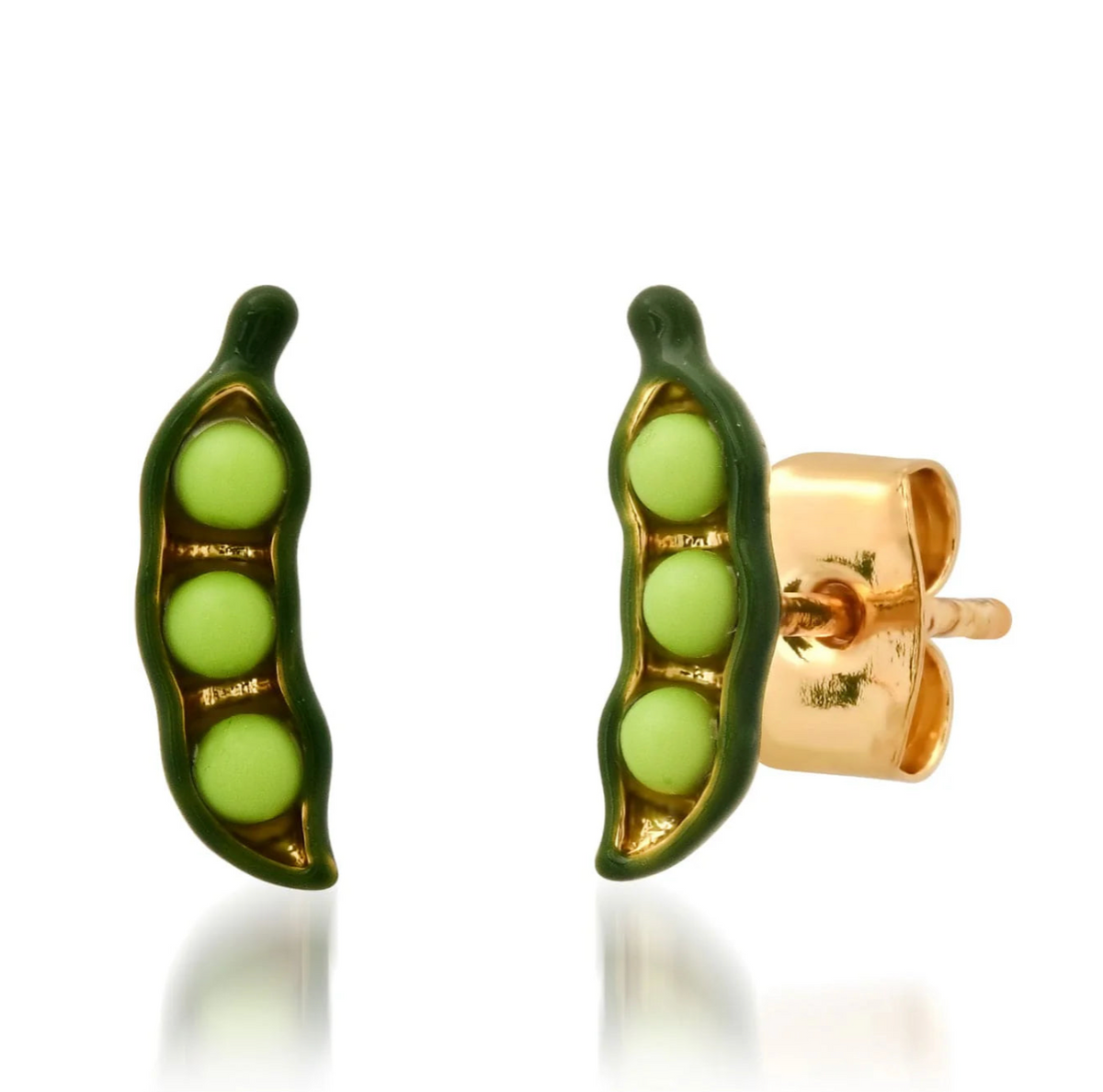 Peas in a pod earrings with gold casing on a white background