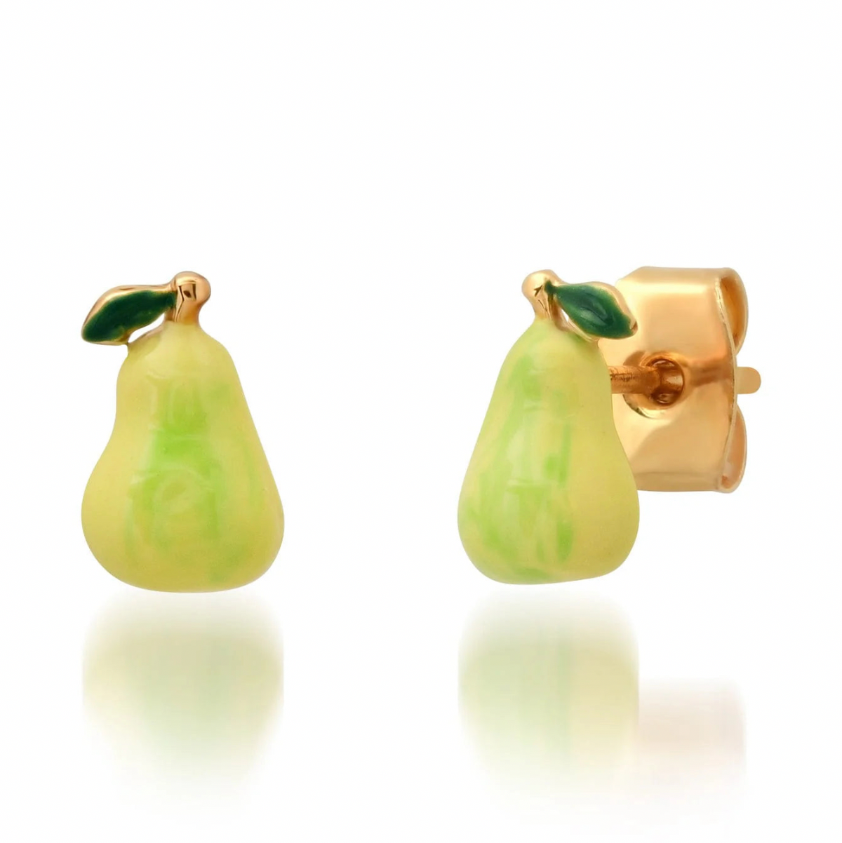 Pear-shaped earrings with gold settings on a white background