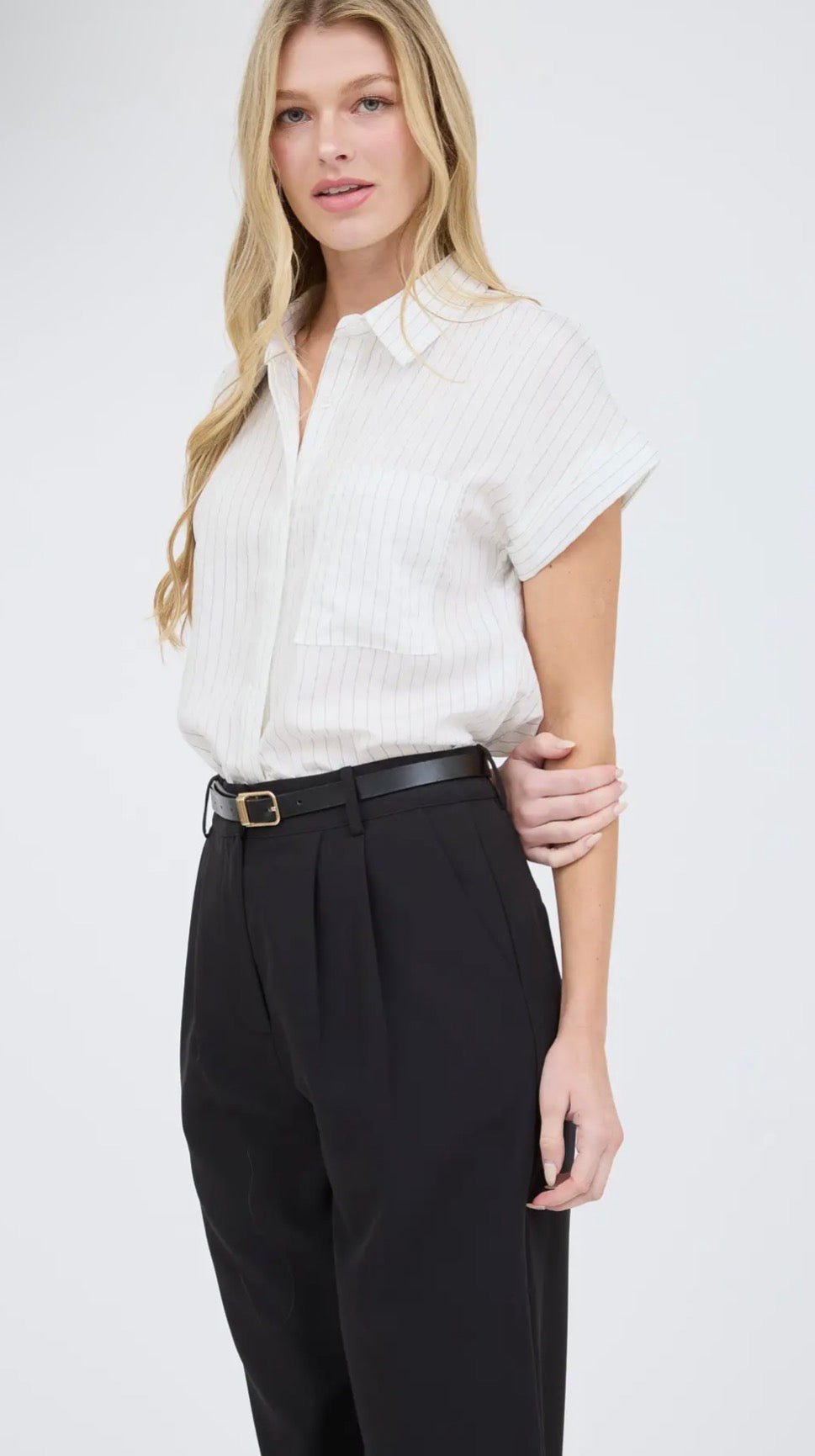 Pinstripe Short Slv Collared Shirt - Flea Boutiques