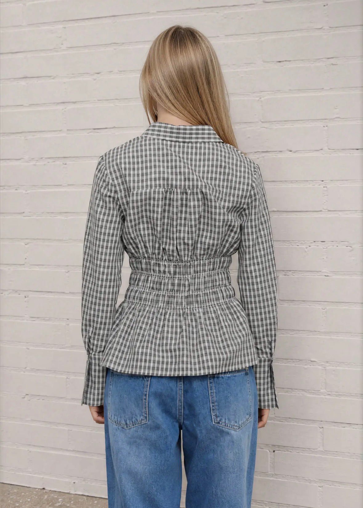Plaid Collared Shirred Long Sleeve Top - Flea Boutiques