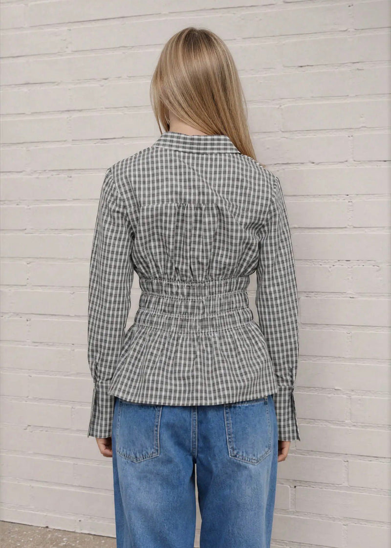Plaid Collared Shirred Long Sleeve Top - Flea Boutiques