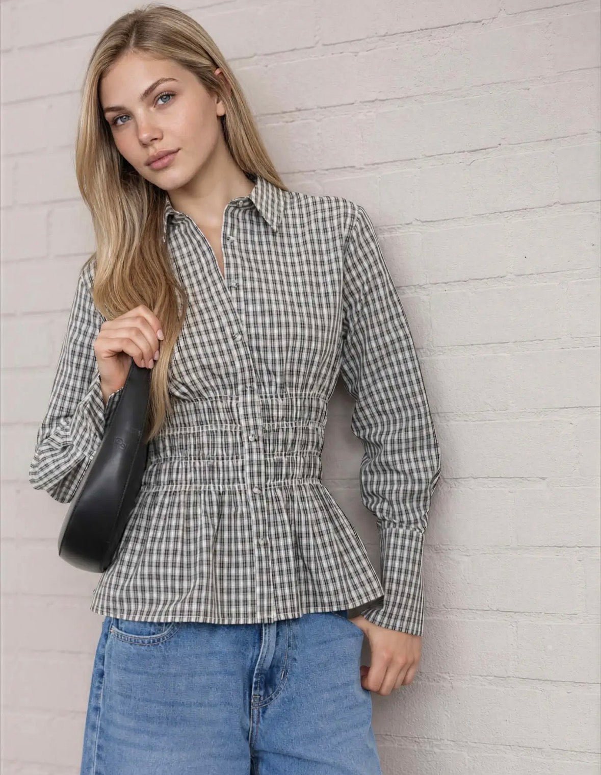 Plaid Collared Shirred Long Sleeve Top - Flea Boutiques